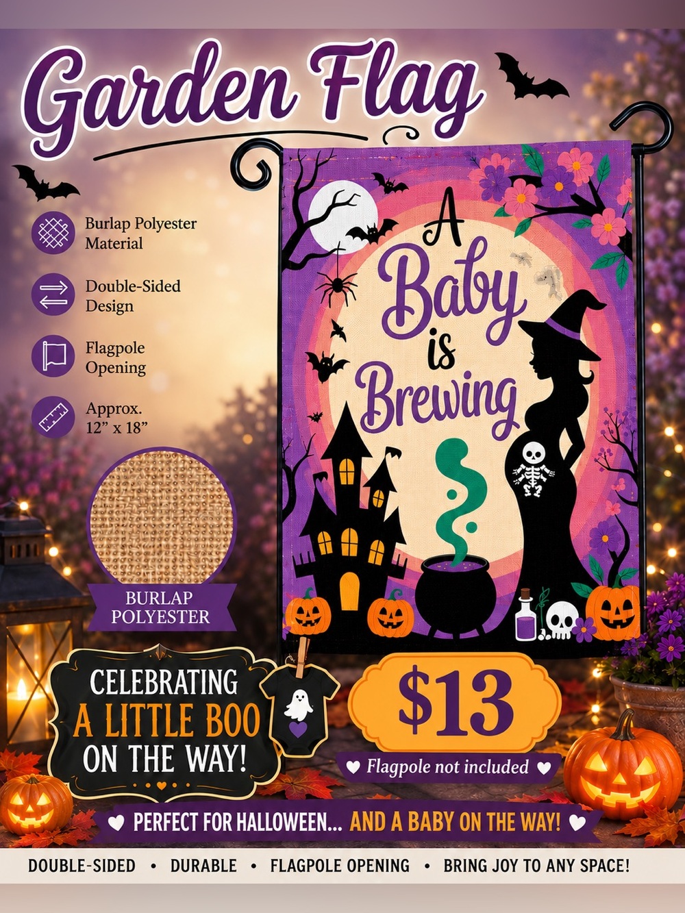 Garden flag, Halloween baby brewing, burlap, double-sided, approx 12“ x 18”